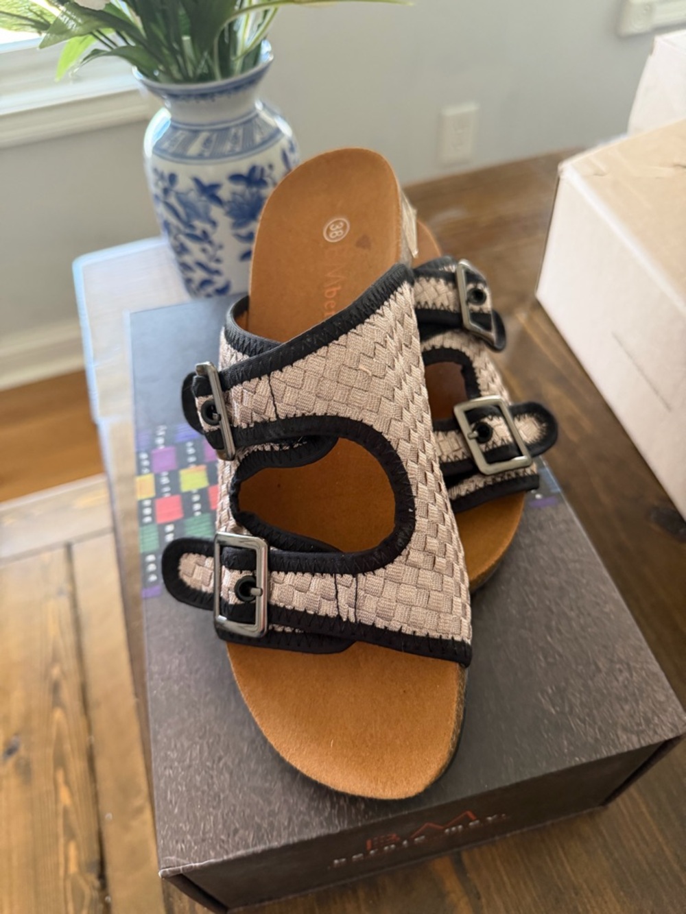 bernie mev. Beige Woven Slide Sandals with Black Trim and Buckles